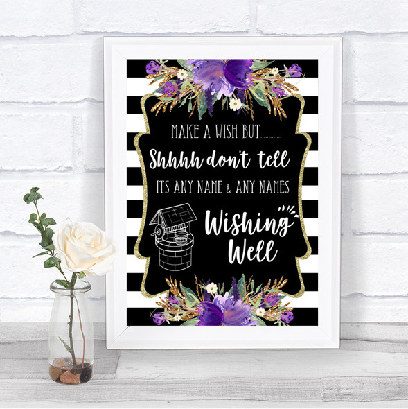 Black & White Stripes Purple Wishing Well Message Personalized Wedding Sign