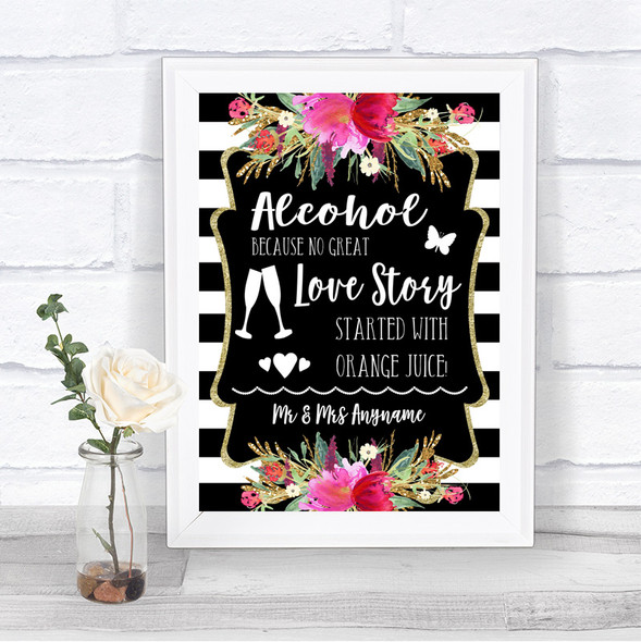 Black & White Stripes Pink Alcohol Bar Love Story Personalized Wedding Sign