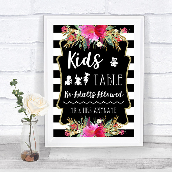 Black & White Stripes Pink Kids Table Personalized Wedding Sign