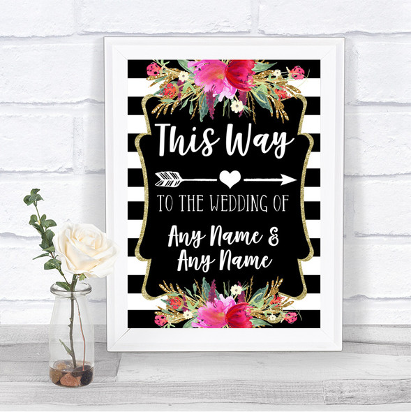 Black & White Stripes Pink This Way Arrow Right Personalized Wedding Sign