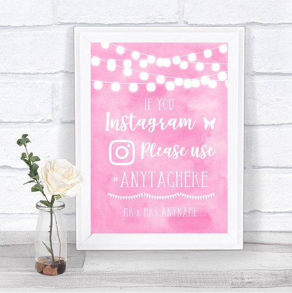 Baby Pink Watercolour Lights Instagram Hashtag Personalized Wedding Sign