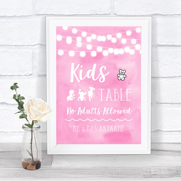 Baby Pink Watercolour Lights Kids Table Personalized Wedding Sign