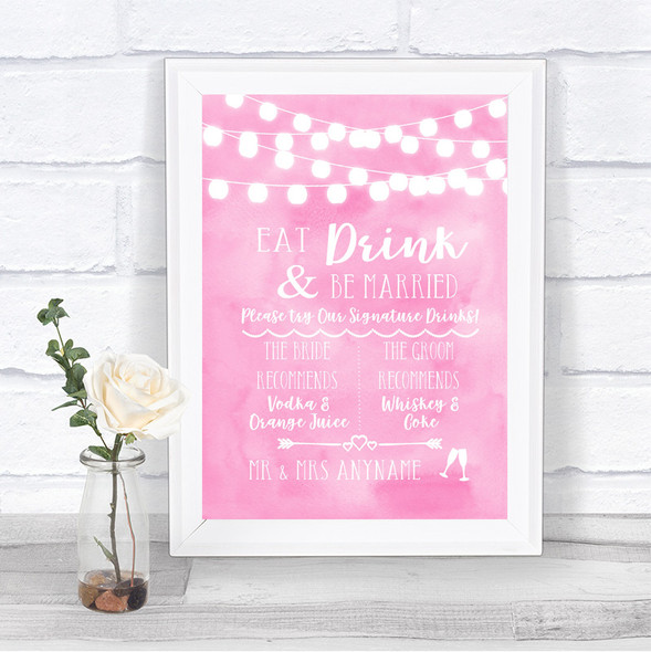 Baby Pink Watercolour Lights Signature Favourite Drinks Wedding Sign