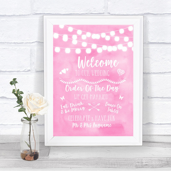 Baby Pink Watercolour Lights Welcome Order Of The Day Personalized Wedding Sign