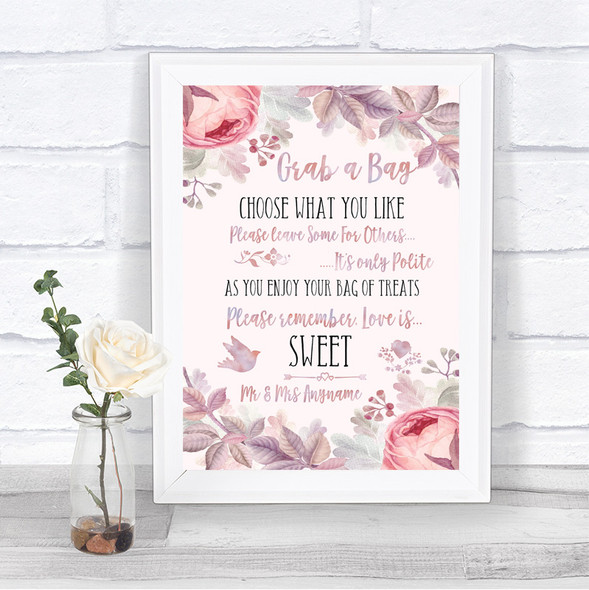 Blush Rose Gold & Lilac Grab A Bag Candy Buffet Cart Sweets Wedding Sign