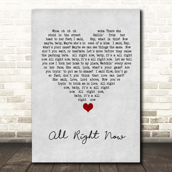 Free All Right Now Grey Heart Song Lyric Print