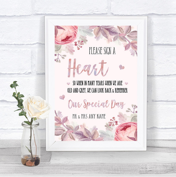 Blush Rose Gold & Lilac Sign a Heart Personalized Wedding Sign