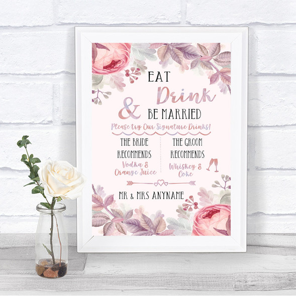 Blush Rose Gold & Lilac Signature Favourite Drinks Personalized Wedding Sign