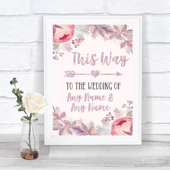 Blush Rose Gold & Lilac This Way Arrow Right Personalized Wedding Sign