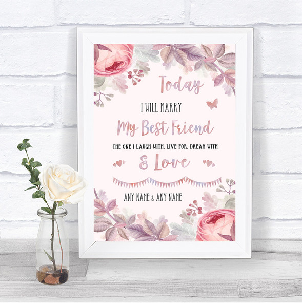 Blush Rose Gold & Lilac Today I Marry My Best Friend Personalized Wedding Sign