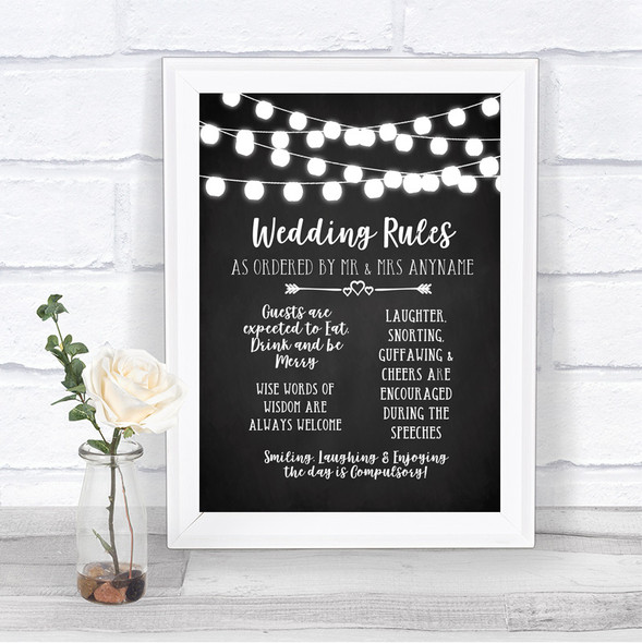 Chalk Style Black & White Lights Rules Of The Wedding Personalized Wedding Sign