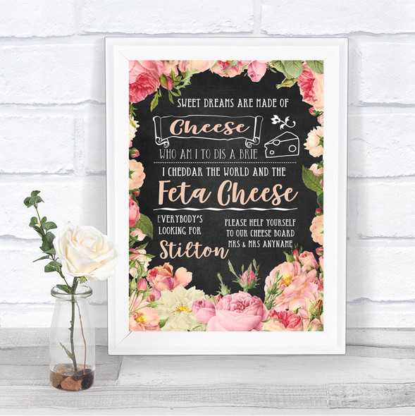 Chalkboard Style Pink Roses Cheeseboard Cheese Song Personalized Wedding Sign