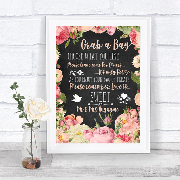 Chalkboard Style Pink Roses Grab A Bag Candy Buffet Cart Sweets Wedding Sign