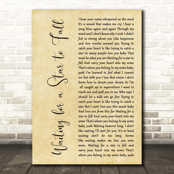 Boy Meets Girl Waiting for a Star to Fall Rustic Script Song Lyric Print