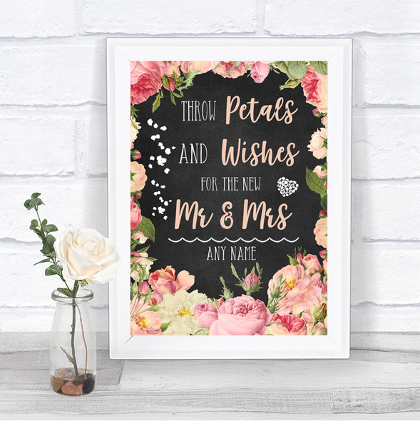 Chalkboard Style Pink Roses Petals Wishes Confetti Personalized Wedding Sign