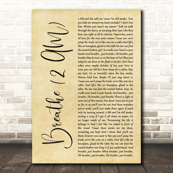 Anna Nalick Breathe (2 AM) Rustic Script Song Lyric Print