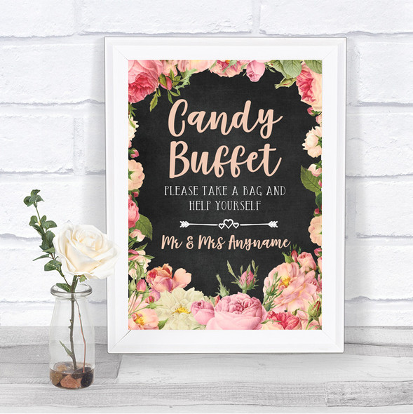 Chalkboard Style Pink Roses Candy Buffet Personalized Wedding Sign