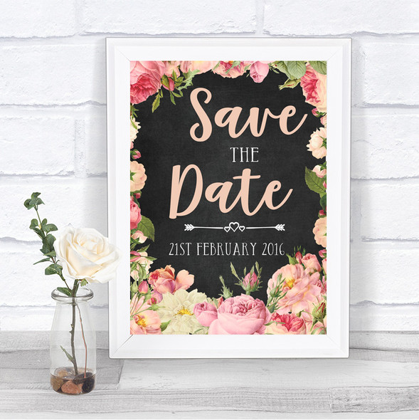 Chalkboard Style Pink Roses Save The Date Personalized Wedding Sign