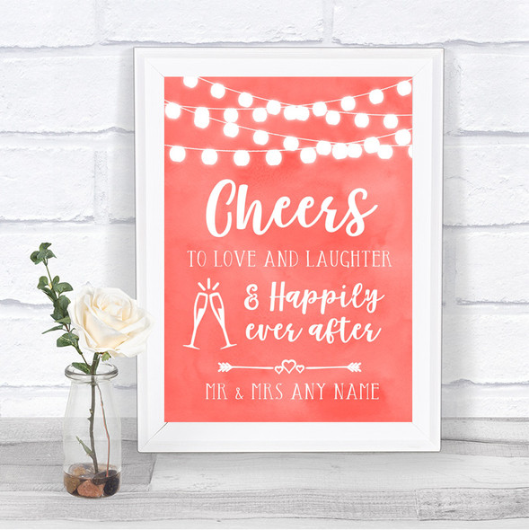 Coral Watercolour Lights Cheers To Love Personalized Wedding Sign