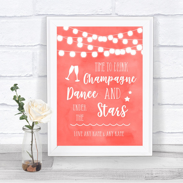 Coral Watercolour Lights Drink Champagne Dance Stars Personalized Wedding Sign