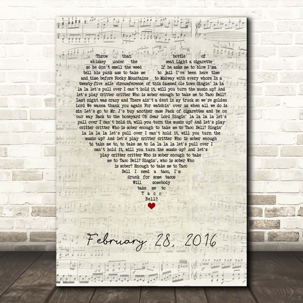 Koe Wetzel February 28, 2016 Script Heart Song Lyric Print