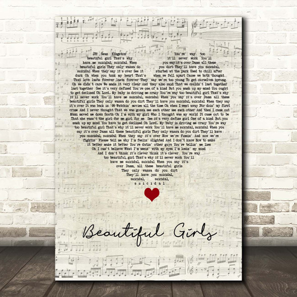 Sean Kingston Beautiful Girls Script Heart Song Lyric Print