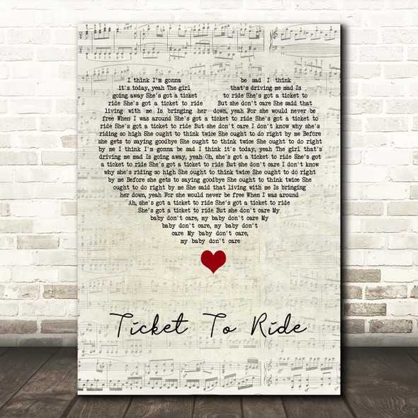 The Beatles Ticket To Ride Script Heart Song Lyric Print