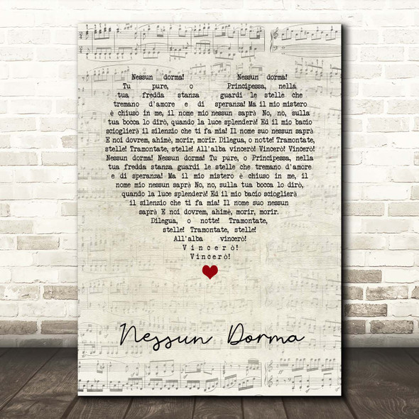 Andrea Bocelli Nessun Dorma Script Heart Song Lyric Print