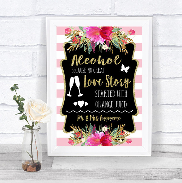 Gold & Pink Stripes Alcohol Bar Love Story Personalized Wedding Sign