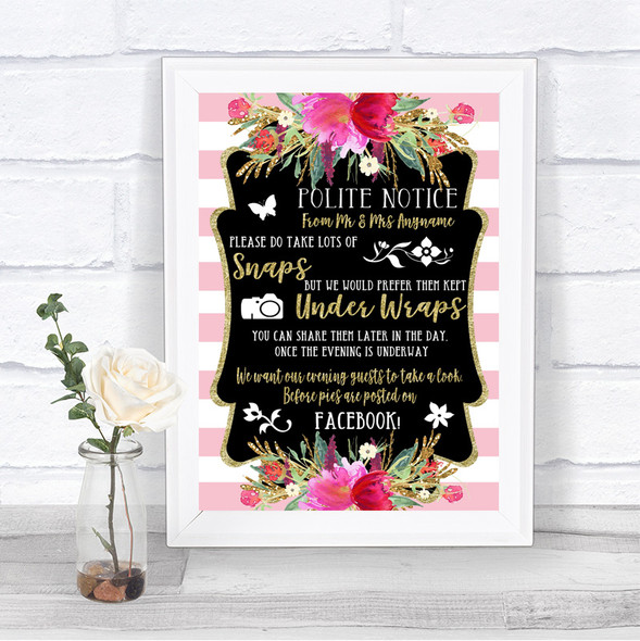 Gold & Pink Stripes Don't Post Photos Facebook Personalized Wedding Sign