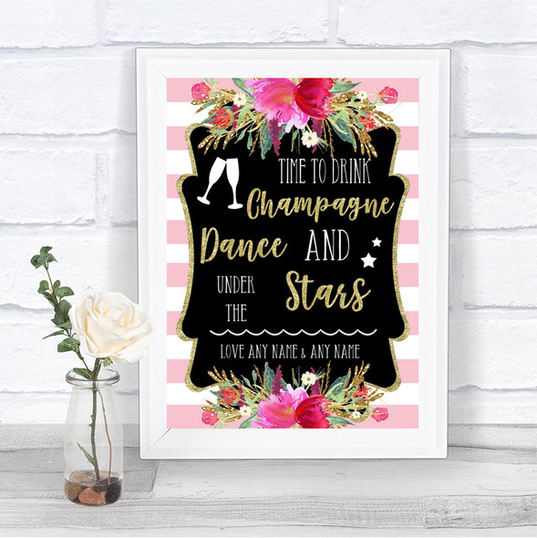 Gold & Pink Stripes Drink Champagne Dance Stars Personalized Wedding Sign