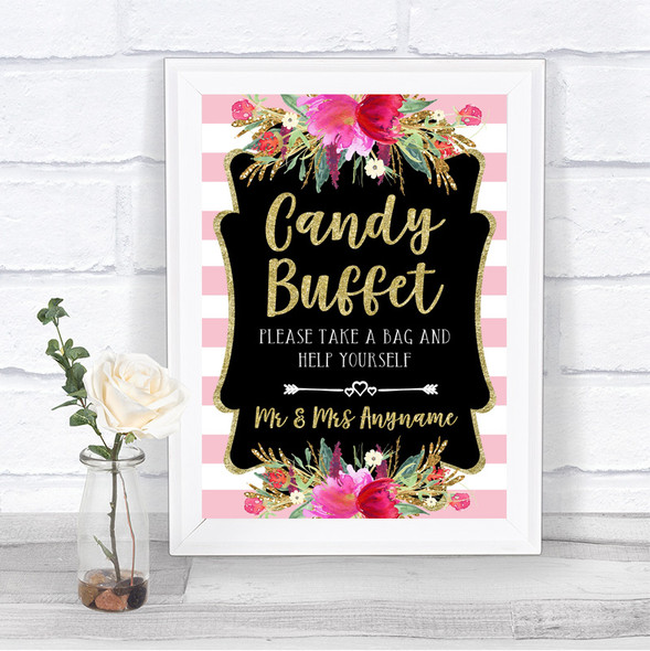Gold & Pink Stripes Candy Buffet Personalized Wedding Sign