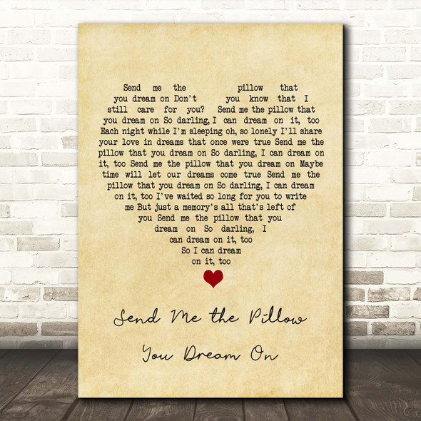 Johnny Tillotson Send Me the Pillow You Dream On Vintage Heart Song Lyric Print