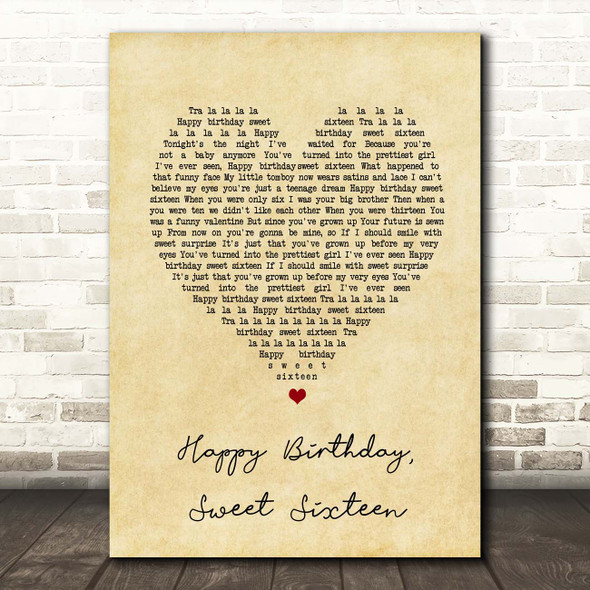 Neil Sedaka Happy Birthday, Sweet Sixteen Vintage Heart Song Lyric Print