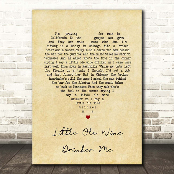 Dean Martin Little Ole Wine Drinker Me Vintage Heart Song Lyric Print