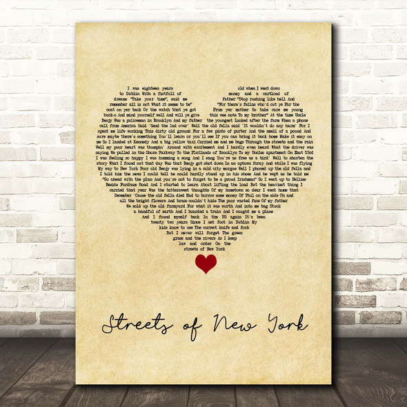 Ryan McMullan Streets of New York Vintage Heart Song Lyric Print