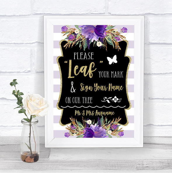 Gold & Purple Stripes Fingerprint Tree Instructions Personalized Wedding Sign