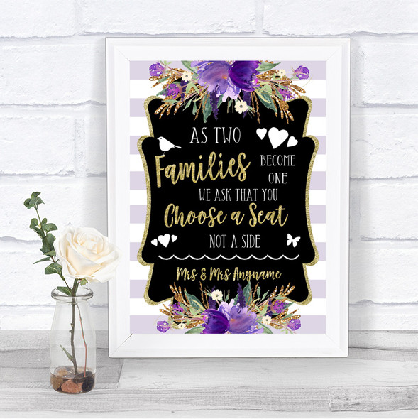 Gold & Purple Stripes As Families Become One Seating Plan Wedding Sign