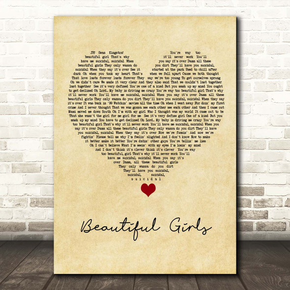 Sean Kingston Beautiful Girls Vintage Heart Song Lyric Print