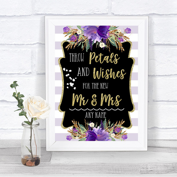 Gold & Purple Stripes Petals Wishes Confetti Personalized Wedding Sign