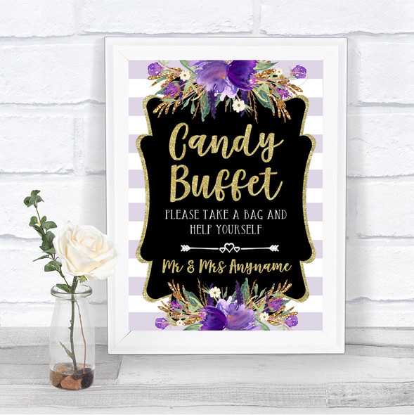 Gold & Purple Stripes Candy Buffet Personalized Wedding Sign