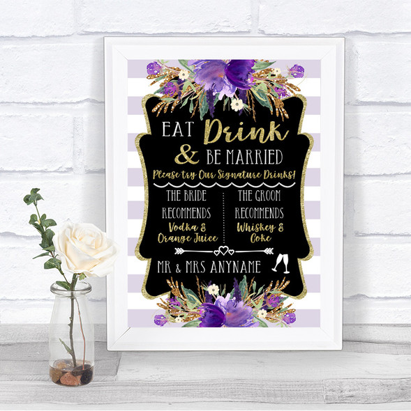 Gold & Purple Stripes Signature Favourite Drinks Personalized Wedding Sign