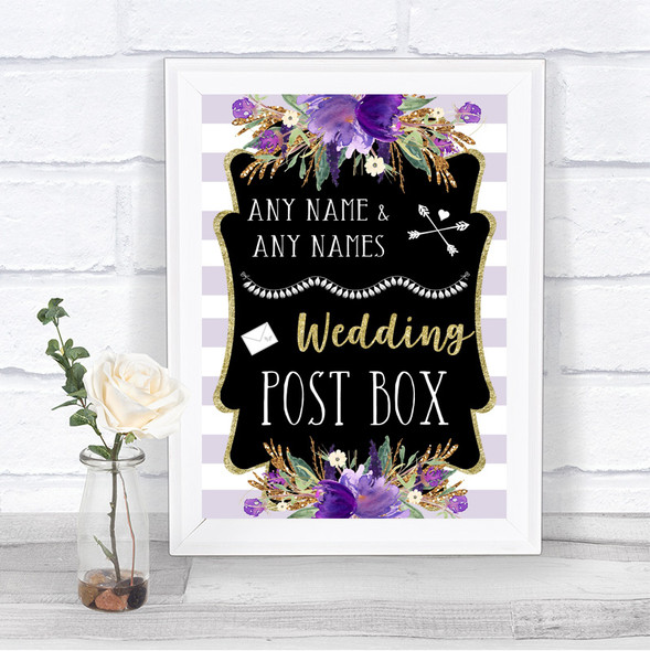 Gold & Purple Stripes Card Post Box Personalized Wedding Sign