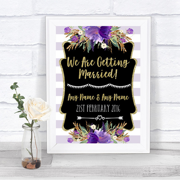 Gold & Purple Stripes We Are Getting Married Personalized Wedding Sign
