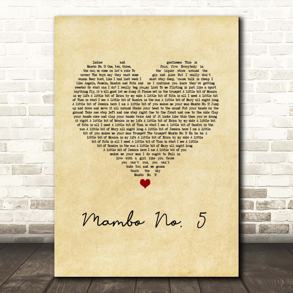 Lou Bega Mambo No. 5 Vintage Heart Song Lyric Print