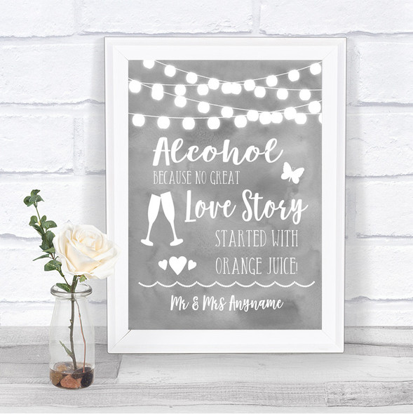 Grey Watercolour Lights Alcohol Bar Love Story Personalized Wedding Sign