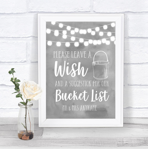 Grey Watercolour Lights Bucket List Personalized Wedding Sign
