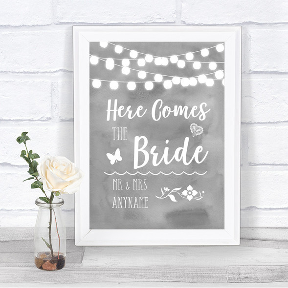 Grey Watercolour Lights Here Comes Bride Aisle Personalized Wedding Sign