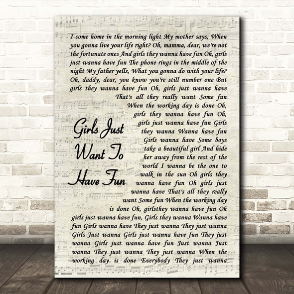 Cyndi Lauper Girls Just Want To Have Fun Vintage Script Song Lyric Print