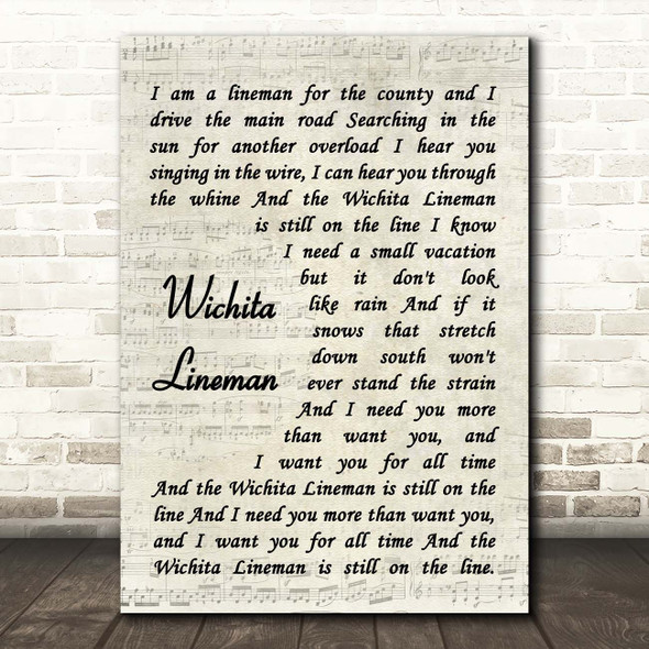 Glen Campbell Wichita Lineman Vintage Script Song Lyric Print